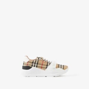 BURBERRY CHECK AND LEATHER SNEAKERS